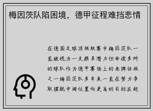 梅因茨队陷困境，德甲征程难挡悲情